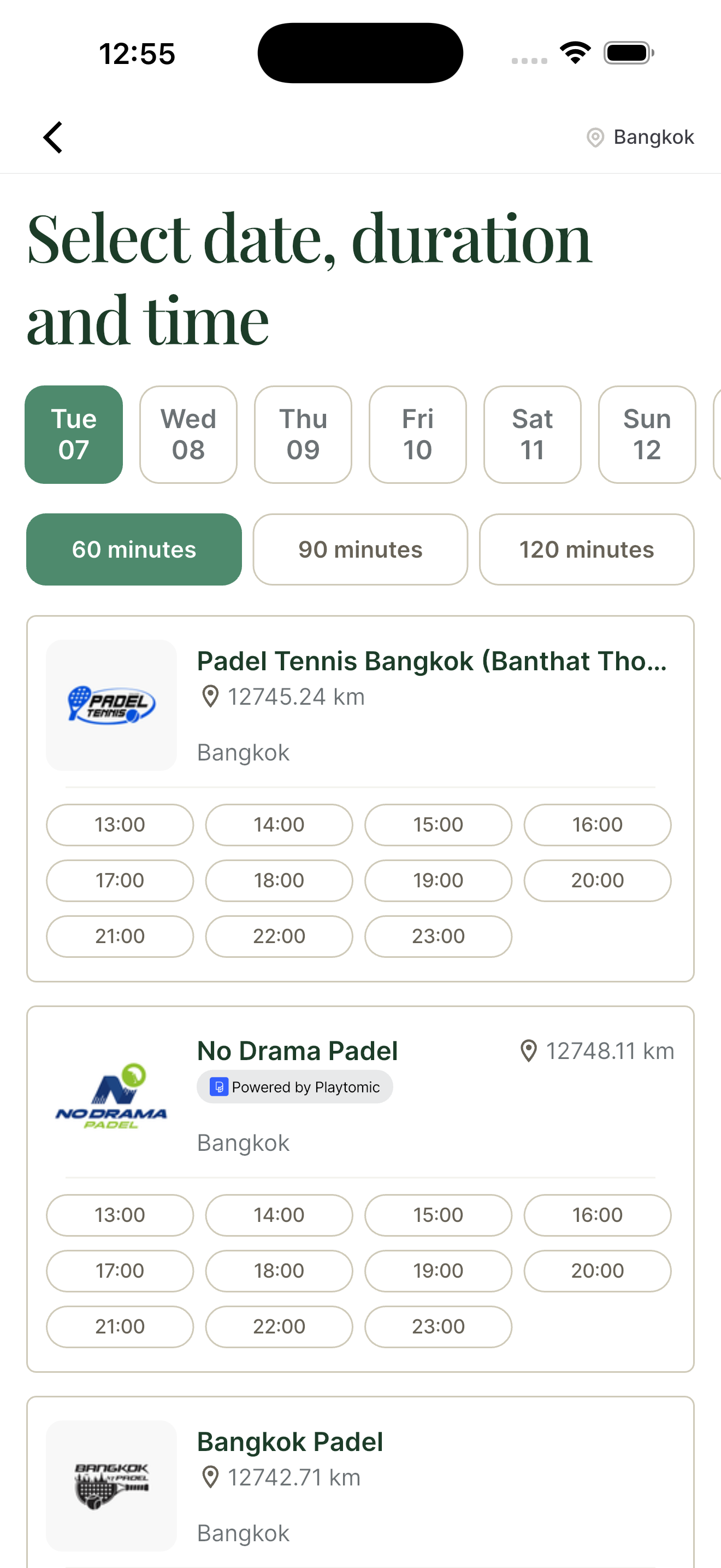 Court Booking — Select date, duration and time